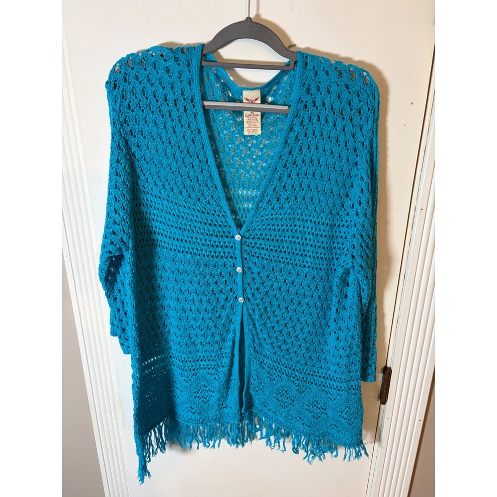Faded Glory Turquoise Blue Crochet Knit Fringe Cardigan Sweater Plus Size 3X
